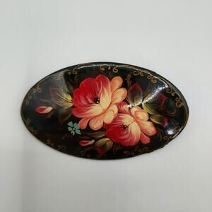 Vintage Russian Lacquer Hand Painted Oval Floral Brooch Signed Dated 2.5" READ